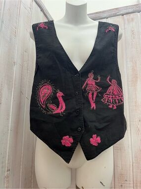 Black Embroidered Button-Front Vest with Pink Motifs